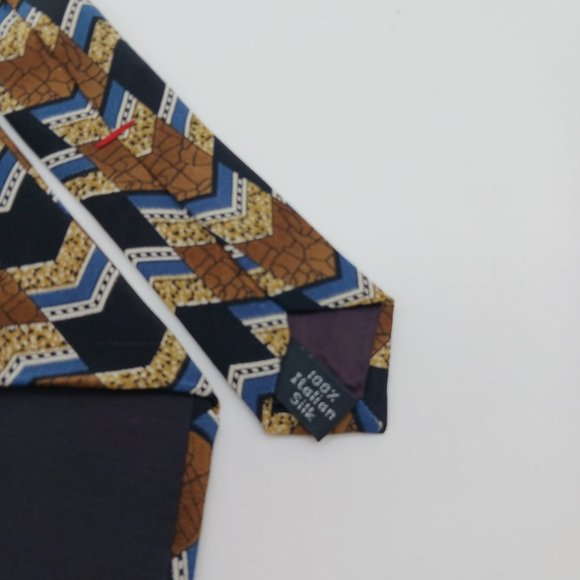 L'Homme 100% Italian Silk Men's Necktie Brown Blue Black Chevron Pattern - Picture 7 of 7